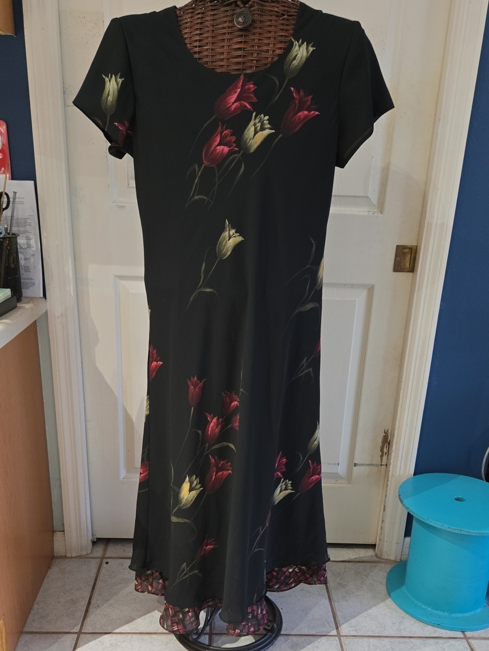 Jessica Howard Black Maxi Dress with Red and Cream Tulips